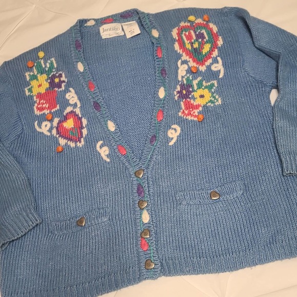 Jantzen Vintage Cardigan Blue Pink XL Spring Floral Hand Embroidered Pockets - Picture 14 of 14